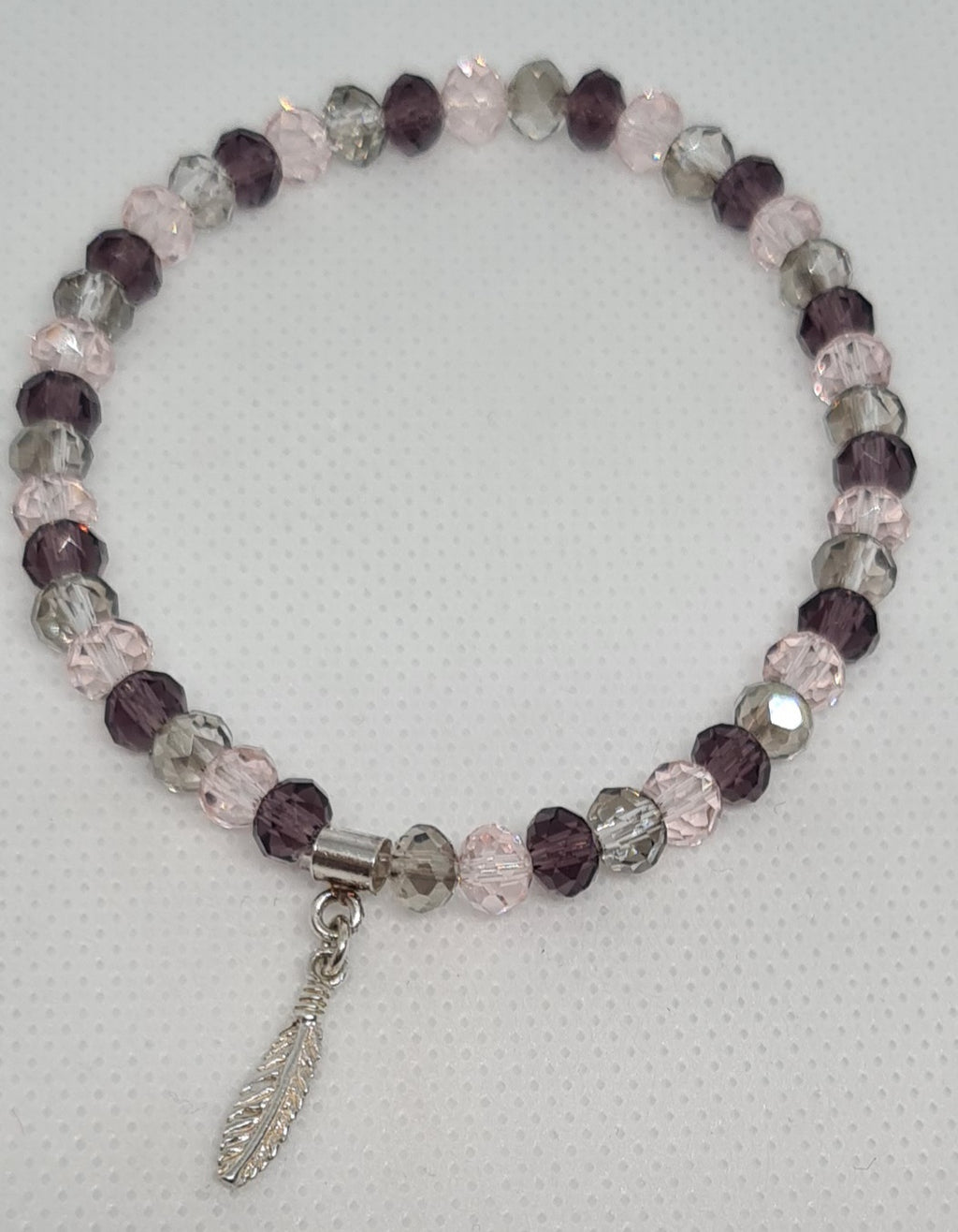Purple/Pink/Grey Bead Bracelet with Feather Charm