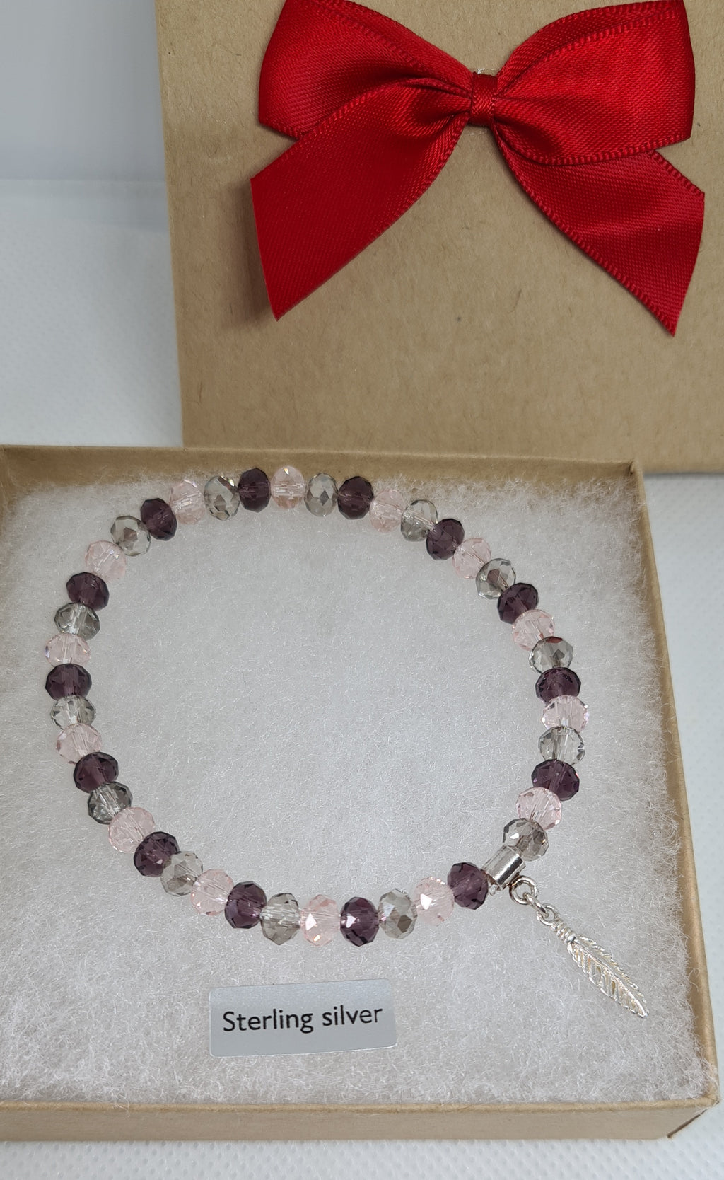 Purple/Pink/Grey Bead Bracelet with Feather Charm