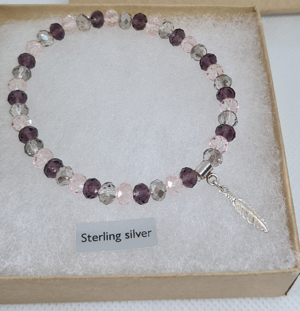 Purple/Pink/Grey Bead Bracelet with Feather Charm